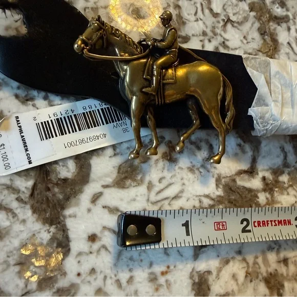 Polo Ralph Lauren Navy Suede Equestrian Belt Gold Horse Buckle Italy Sz 38 - Picture 12 of 17